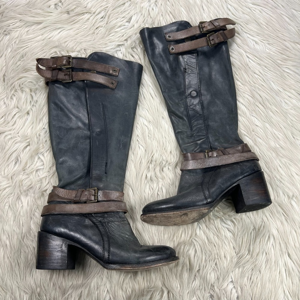 Freebird by Steven Women's 9 Black Leather Clive Buckle Wrap Knee High Boots